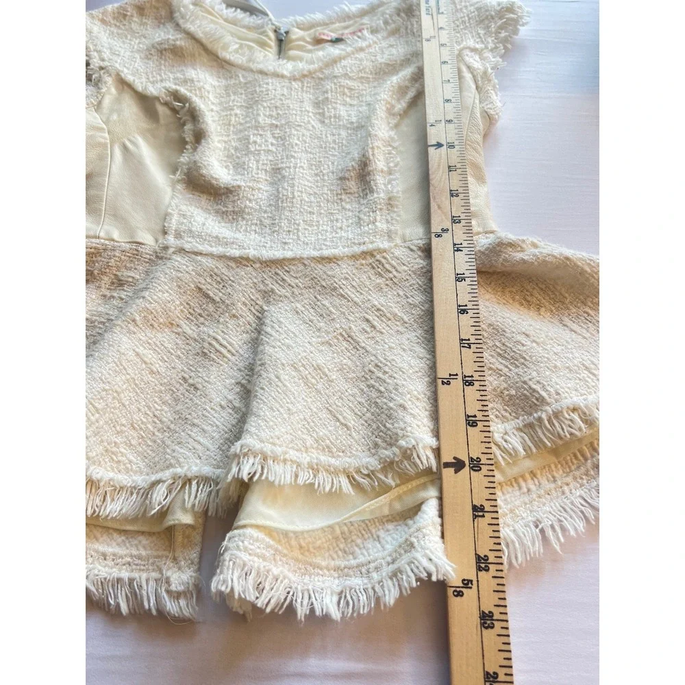 REBECCA TAYLOR Designer Luxury Cream Tweed Leather Peplum Coquette Luxe Top Sz 4